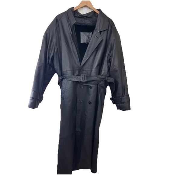 Expressions Worldwide Leather Belted Trench Coat Mens L Large Black Faux Fur